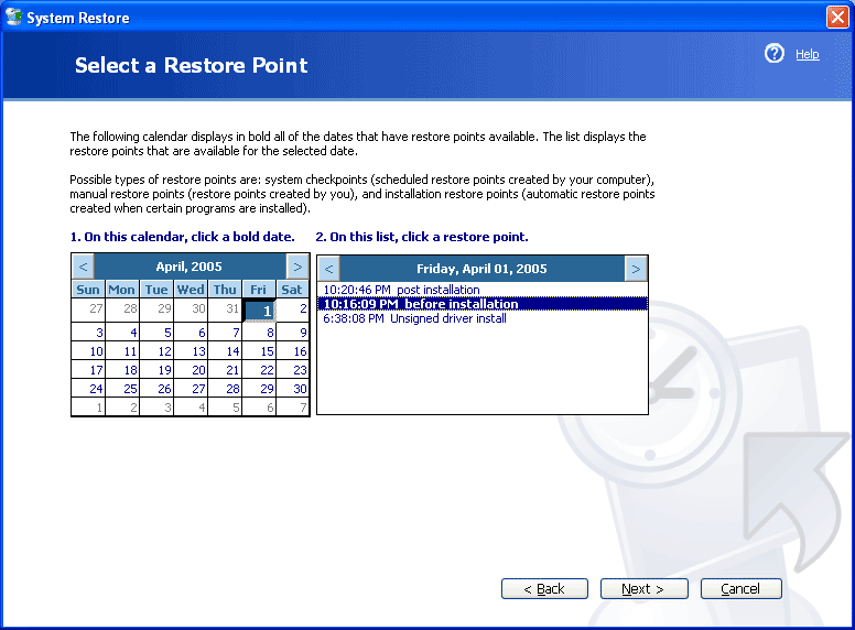 Select a restore point